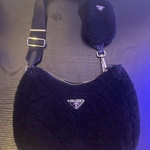 Prada Montone Shearling Quilted Patchwork Re-Edition Shoulder Bag Black